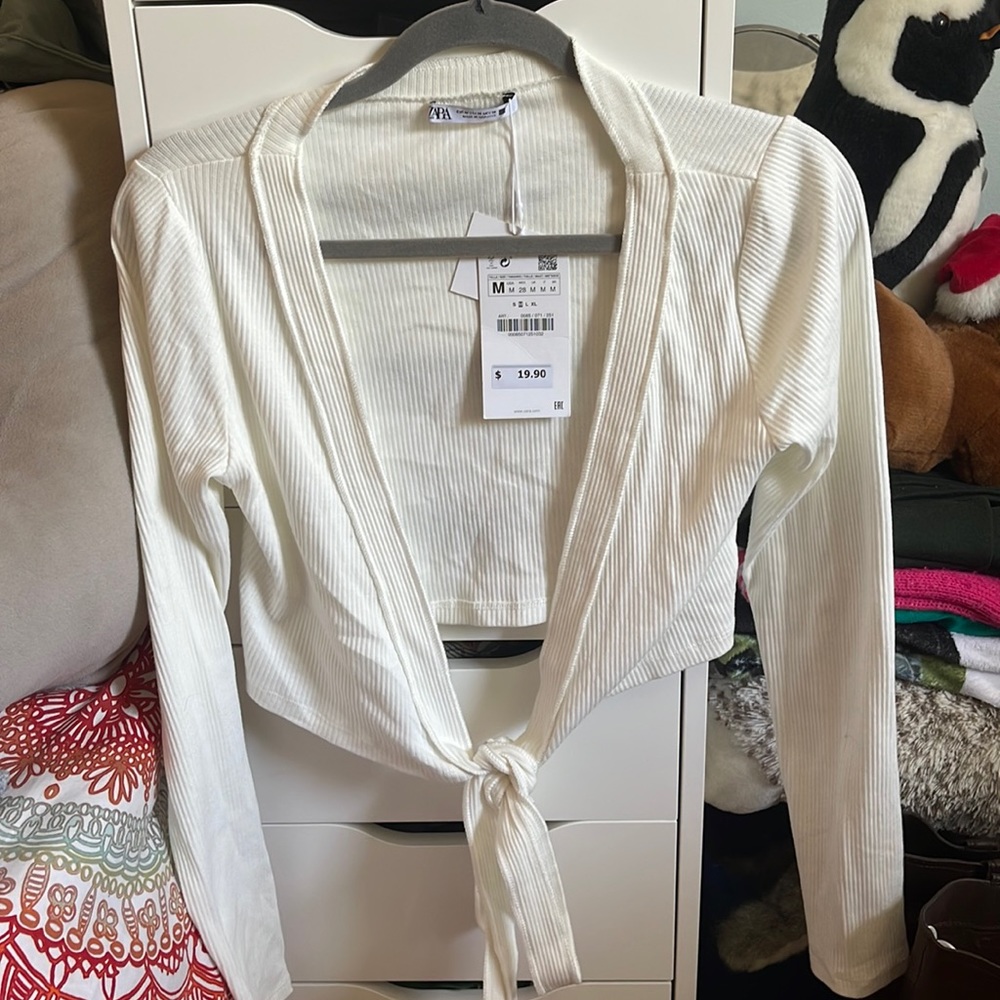 ZARA White Ribbed Wrap Top